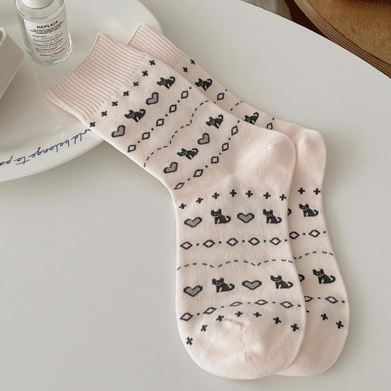 Cartoon Puppy Embroidery Cute Socks Women Autumn and Winter Middle Tube Socks Korean Striped Cotton Knitted Elastic Long Socks