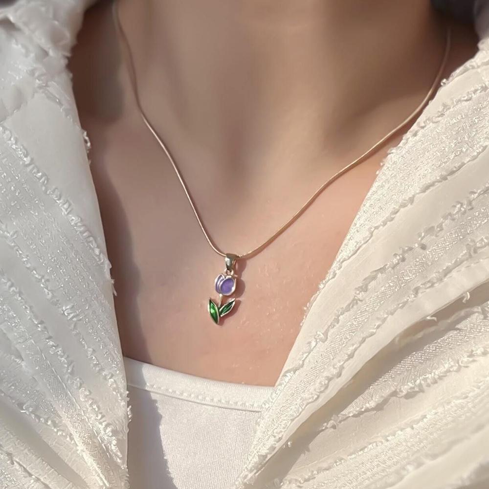 Purple Flower Green Leaf Pendant Necklace For Women Tulip Flower Girls Cute Necklace Gorgious Daily Wear Fashion Jewelry