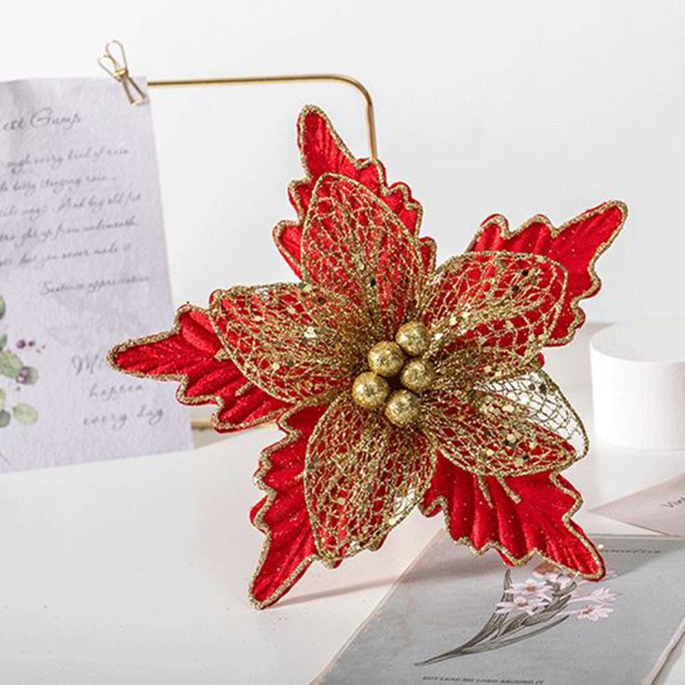 24cm Christmas Poinsettia Glitter Flower Hanging Xmas Party Tree Decoration