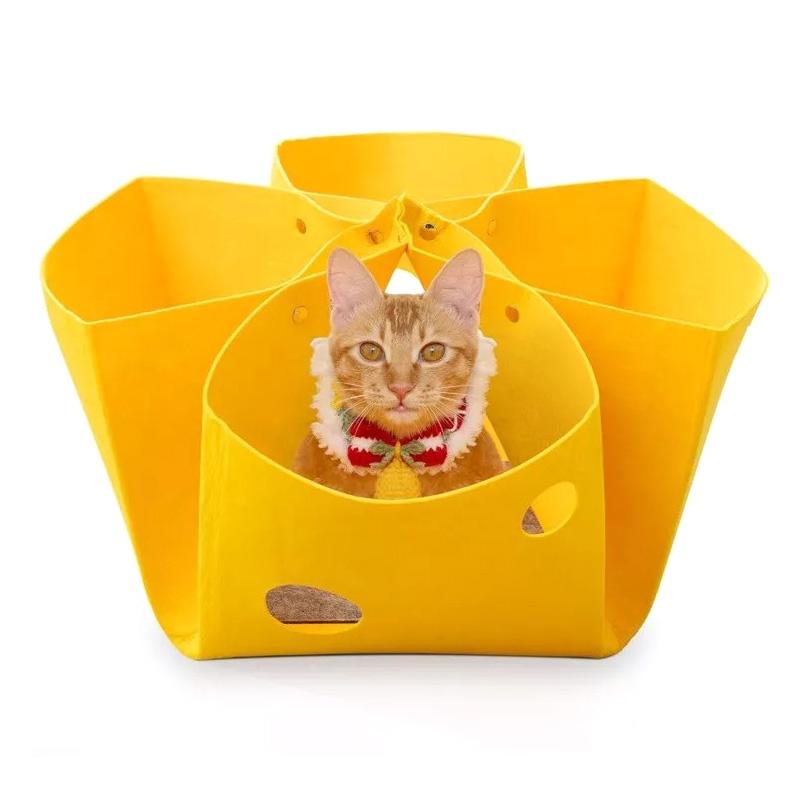 

Складная войлочная кровать для кошек, зимняя теплая трансформируемая пещера для кошек с туннелем, переносной полузакрытый домик для кошек для домашних котят жёлтый