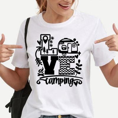 New Fashion Women T-Shirt Love Camping Print Short Sleeve Camper Casual Tee Round Neck Tops