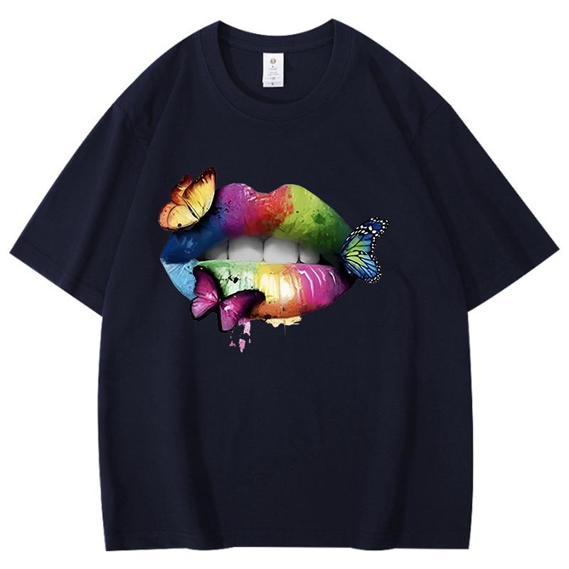 

Colorful Butterfly Pattern Unisex Women Cotton TShirt Colored Lips Print Retro Designed Unisex Tee Elegant Loose Graffiti Top 2026 4XL
