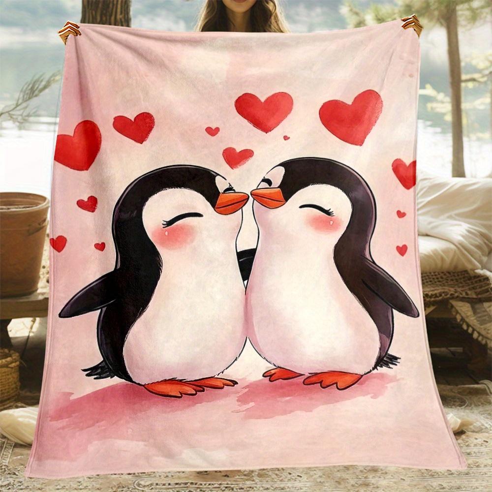 Cute Penguin Couple Love Hearts Fleece Blanket Soft Flannel Throw Valentine Gift For Couples Cozy Bedding Home Decor Warm Winter