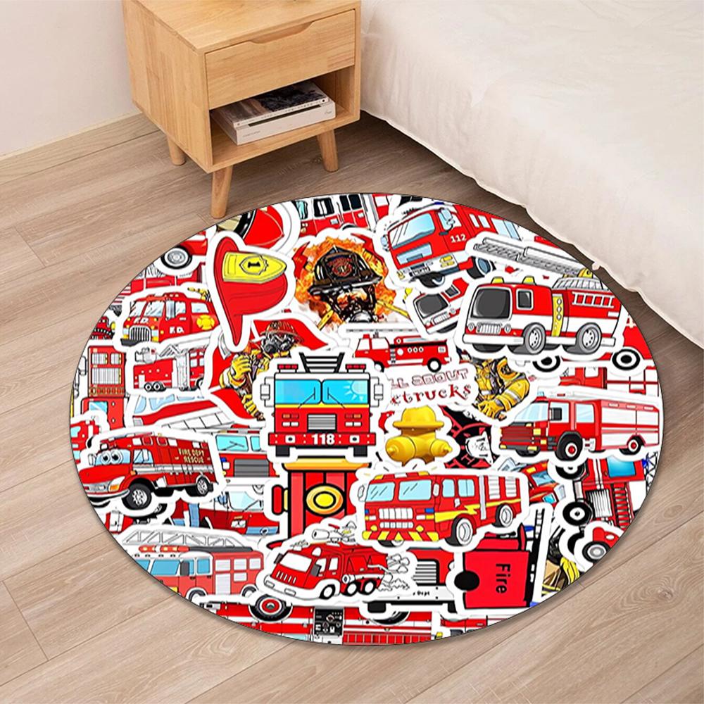 Fire Truck Printed Round Rug Carpet Chair Rug Area Rug Entryway Doormats,for Office Chair Living Room Bedroom Kitchen Room.