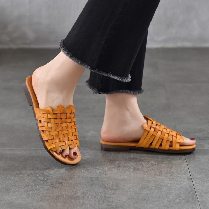 Johnature Chaussons Plats d'Extérieur en Cuir Véritable Tissés à la Main Chaussures Slip-on Décontractées Polyvalentes pour Femmes