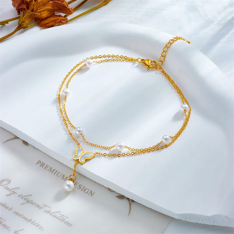 Gold Butterfly Pearl Double Layer Anklet Delicate Foot Chain Anklet for Women Summer Beach Jewelry