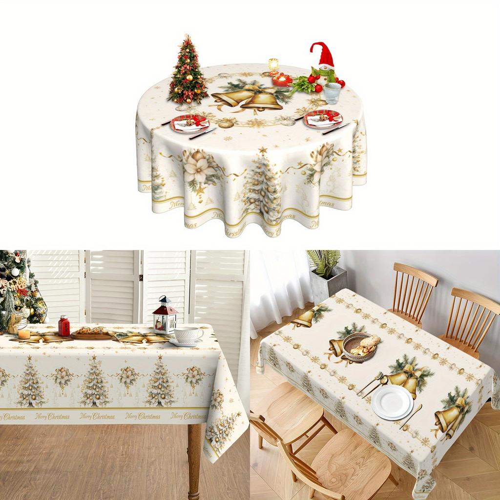Merry Christmas Tree Golden Balls Tablecloth For Table Decor Winter Floral Bells Print Dining Table Cloth Christmas Decorations