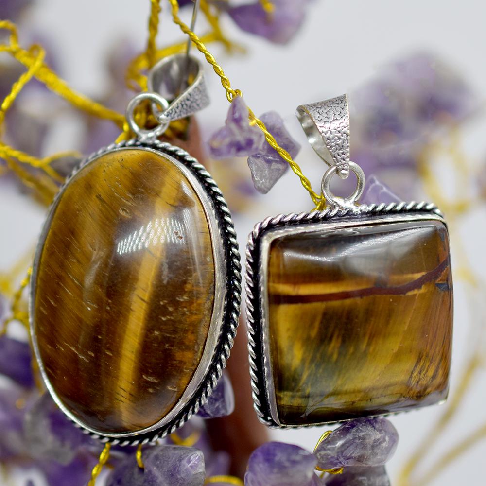 

925 Sterling Silver Dolomite Tiger Eye Oval Square Pendant 124.60 Ct Gems MY-321-K