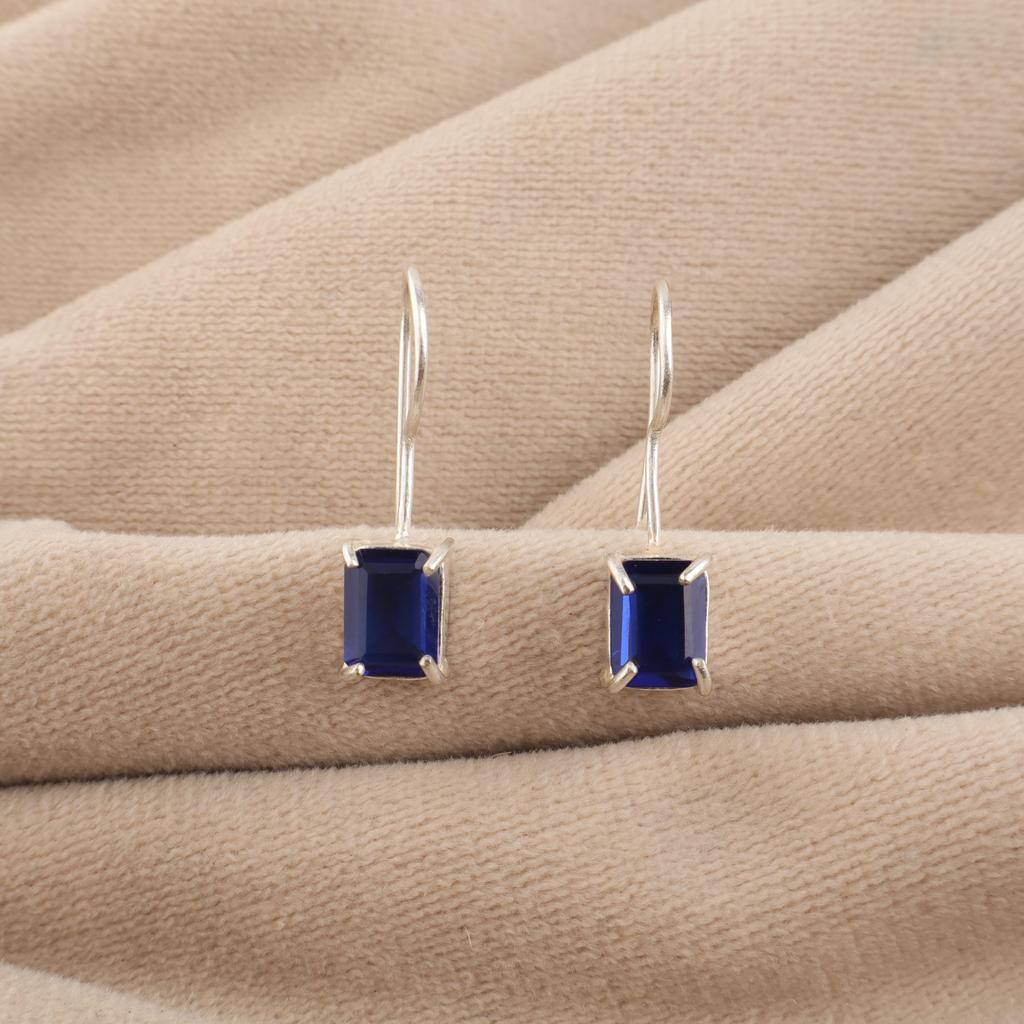 Blå safir ädelsten 925 sterlingsilver Handgjorda smycken vacker Hängande örhänge 1 tum För Alla hjärtans dag-present EE-180-2