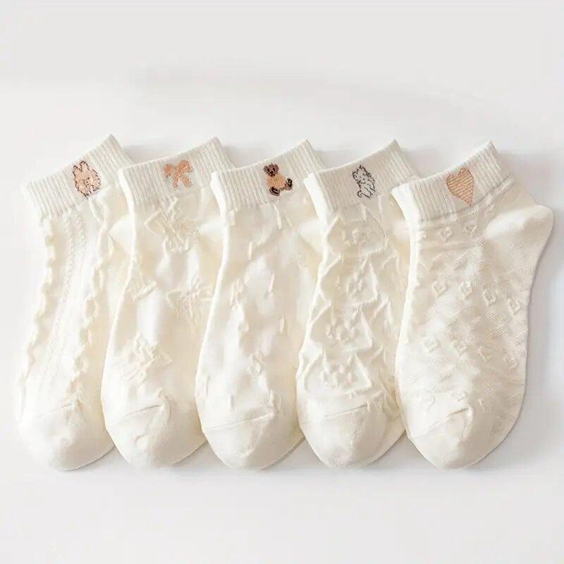 5/10/20 Pairs Women Cartoon Teddy Bear Patterned Ankle Socks Versatile Fashionable Creative Breathable Comfortable Casual Socks