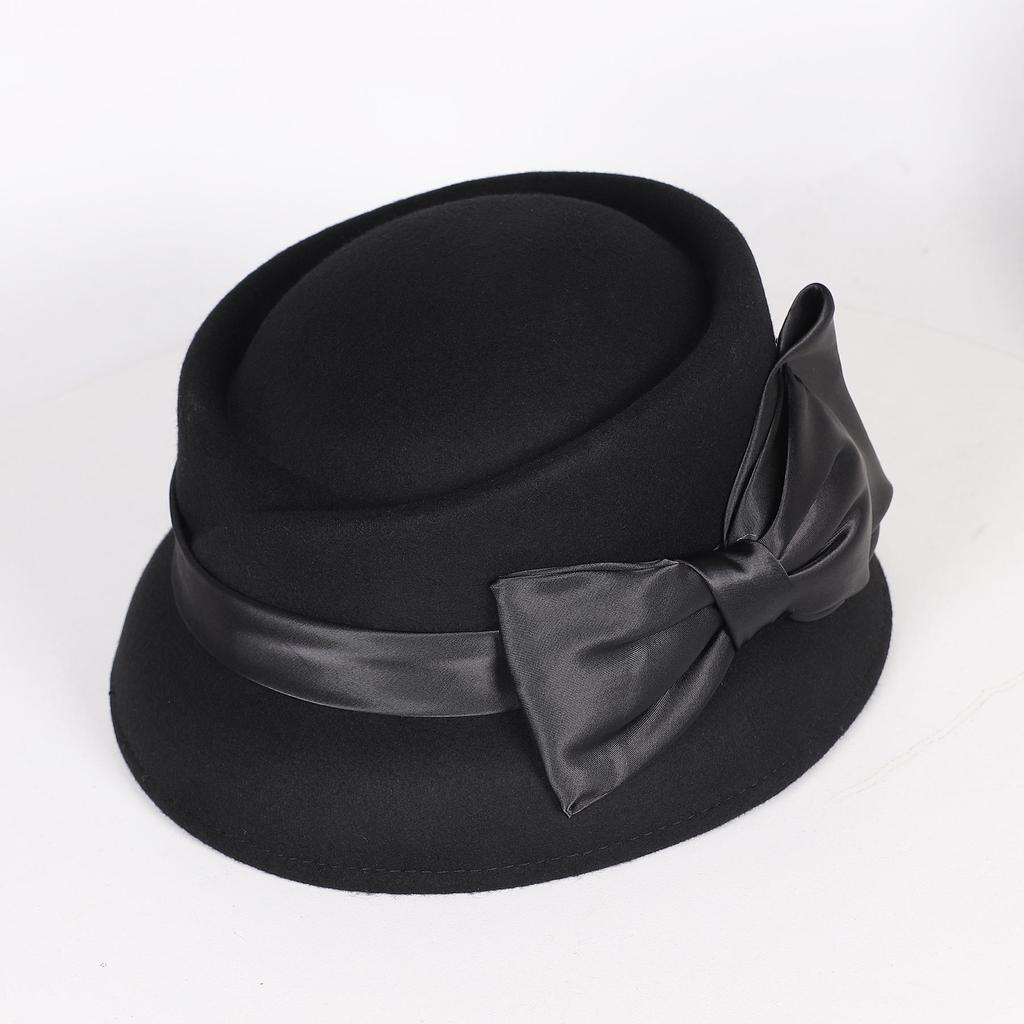 Women’s Vintage Wool Cloche Church Hat with Satin Bow Elegant Bowler Bucket Hat for Tea Party Wedding Garden Formal Events