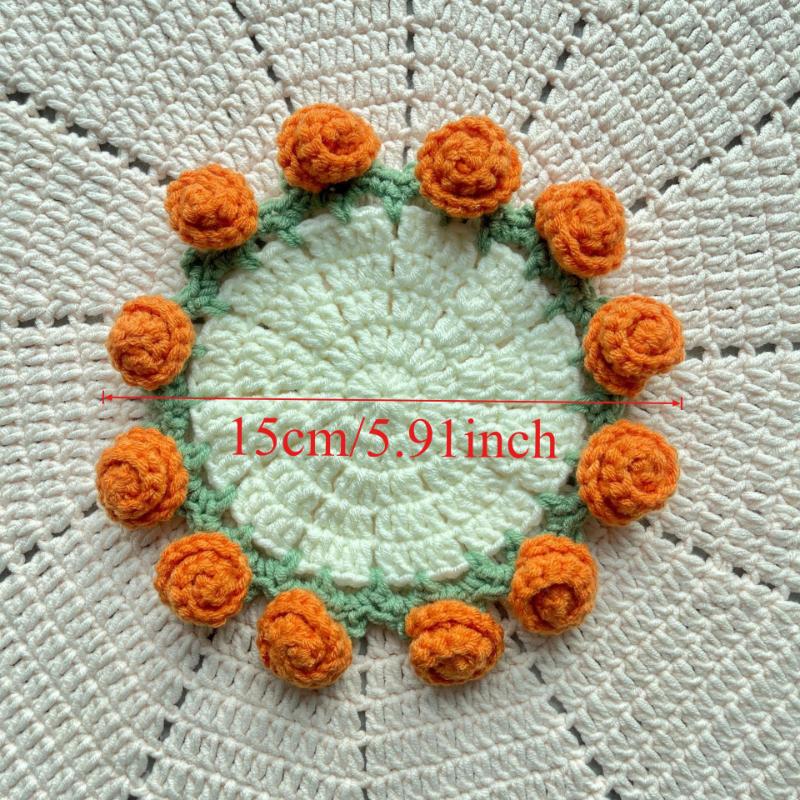 1PC Handmade Crochet Rose Coaster DIY Knitted Flower Insulated Cup Mat Mini Bouquet Creative Design Gift for Home Office Decor