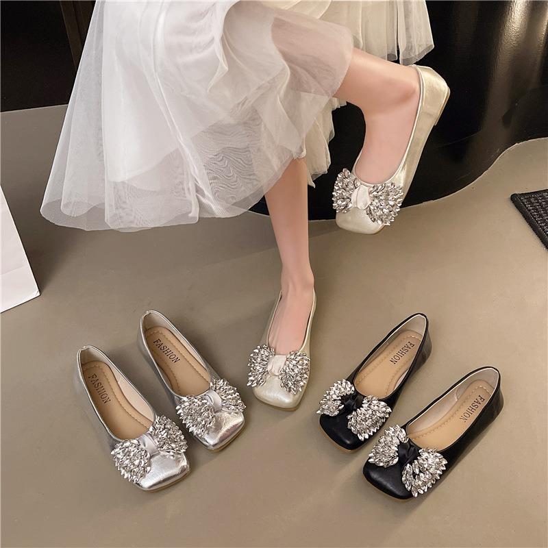 Light luxury rhinestone single shoes women's new flat-bottomed commuting pregnant women Doudou shoes with skirts evening shoes