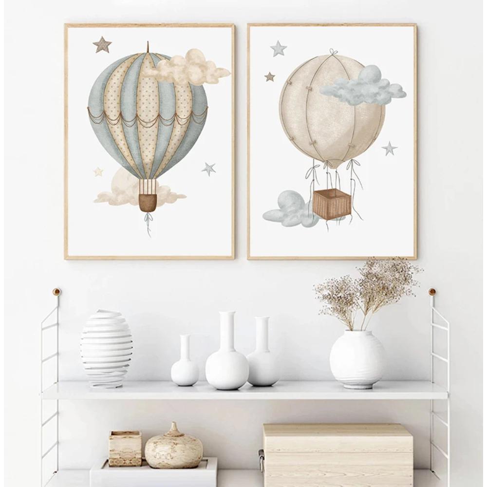 Monkey Lion Poster and Print Canvas Painting Wall Art Picture for Kids Room Nursery Decor Watercolor Hot Air Balloon Animal