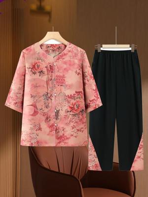 Mom's 2026 Chinese Style Summer Set: Seven-Sleeve Shirt & Pants for Middle-Aged and Elderly Women