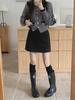 2023 New Korean Style High-Waist Black Woolen A-Line Skirt for Petite Women