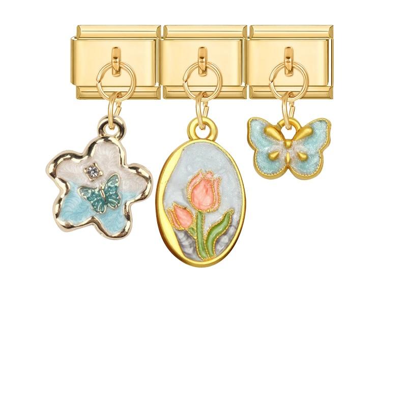3PCS Brilliant Butterfly Dog Rabbit Shell Tulip Moon Y2K Pendant Charm Links Fit 9mm Stainless Steel Bracelet DIY Making Gift