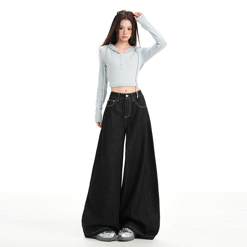 Women's High Waist Wide Leg Jeans American Vintage Non Stretch Black Denim Trousers Floor Length Casual Pants