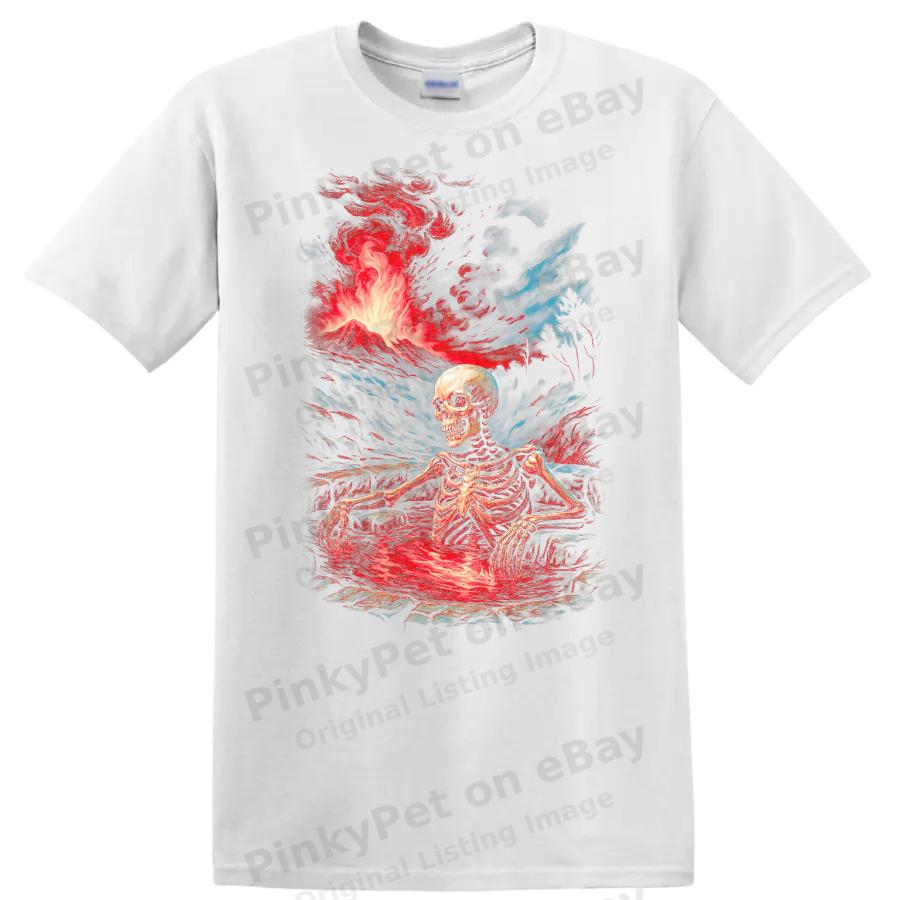 Skeleton in Lava Hot Spring Graphic T Shirt Vintage Horror Art Tee
