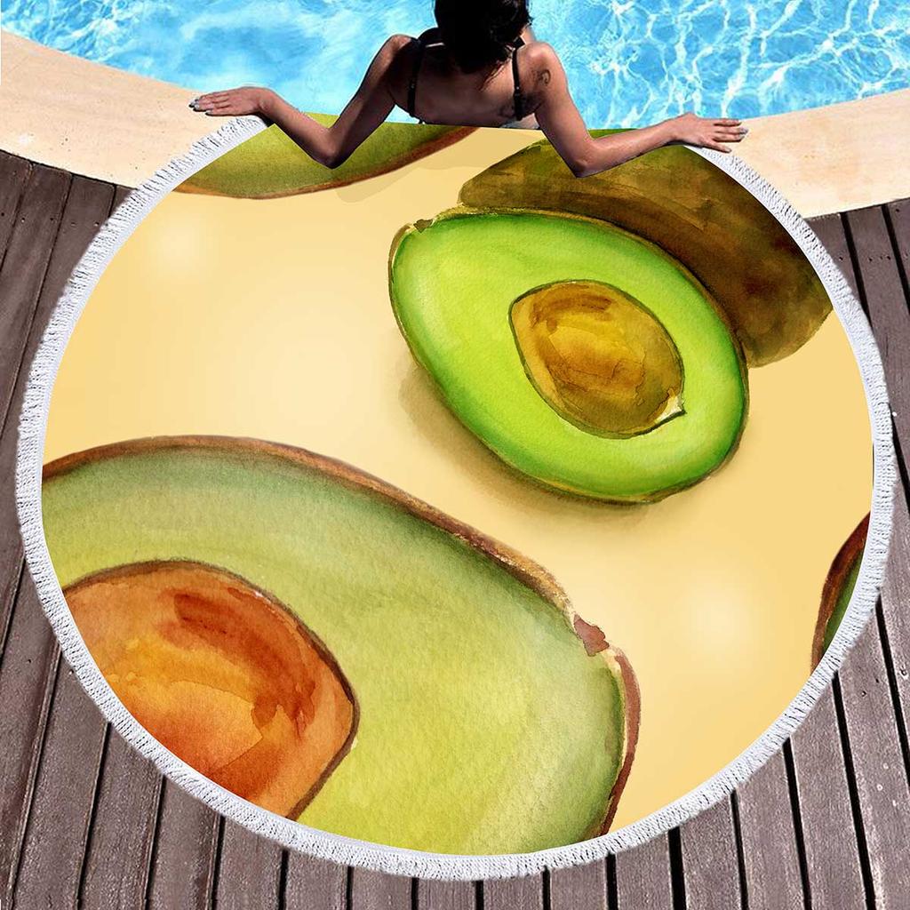 Tropical Fruit Avocado Round Beach Towel Microfiber Boho Round Hawaiian Beach Blanket Sand Proof Circle Swim Towel with Tassels