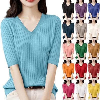 Women's Fashion Loose Knit Sweater Bottom Shirt V-Neck Pullover Half Sleeve Solid Color Top