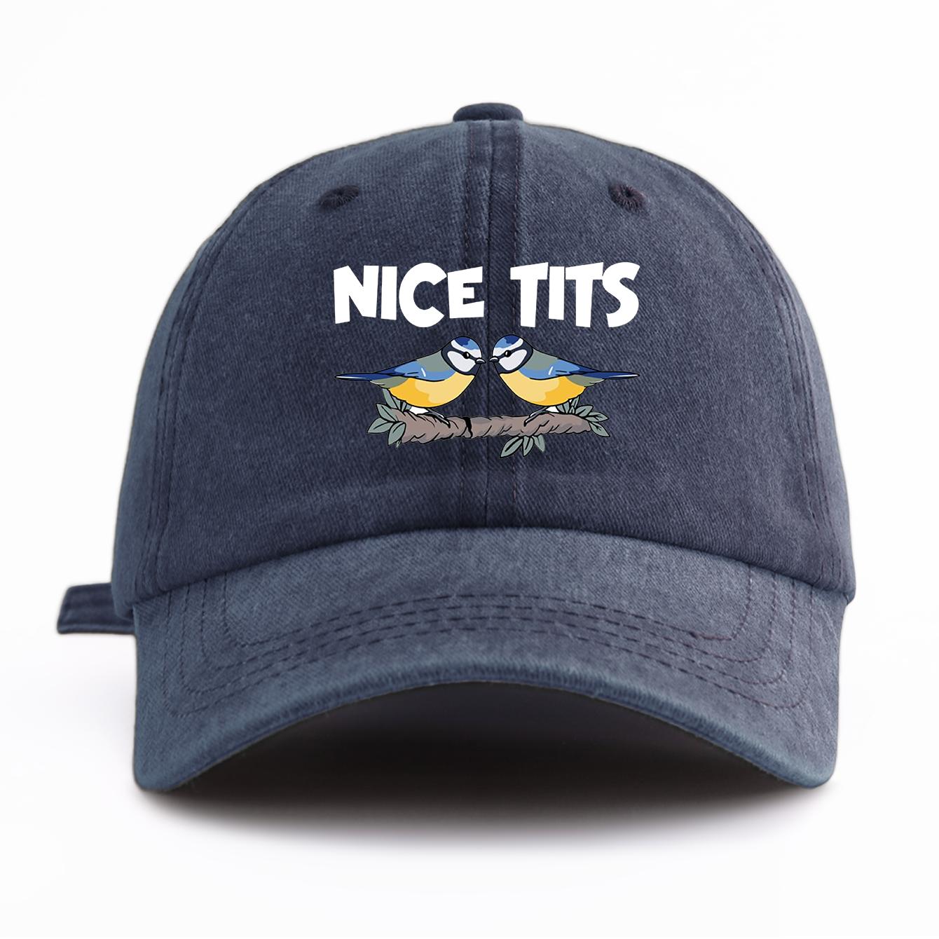 

1pc NICE TITS Print Washed Baseball Cap for Adults,Minimalist Retro Style Casual Soft Adjustable Dad Hat,Perfect As Gift темно-синього кольору