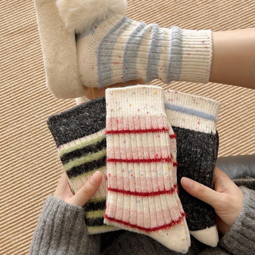Autumn And Winter Striped Wool Medium Tube Socks Women'S Thickened Warm Plush Idea Yarn Cashmere Stacking Socks Versatile Soft Waxy Cotton Socks