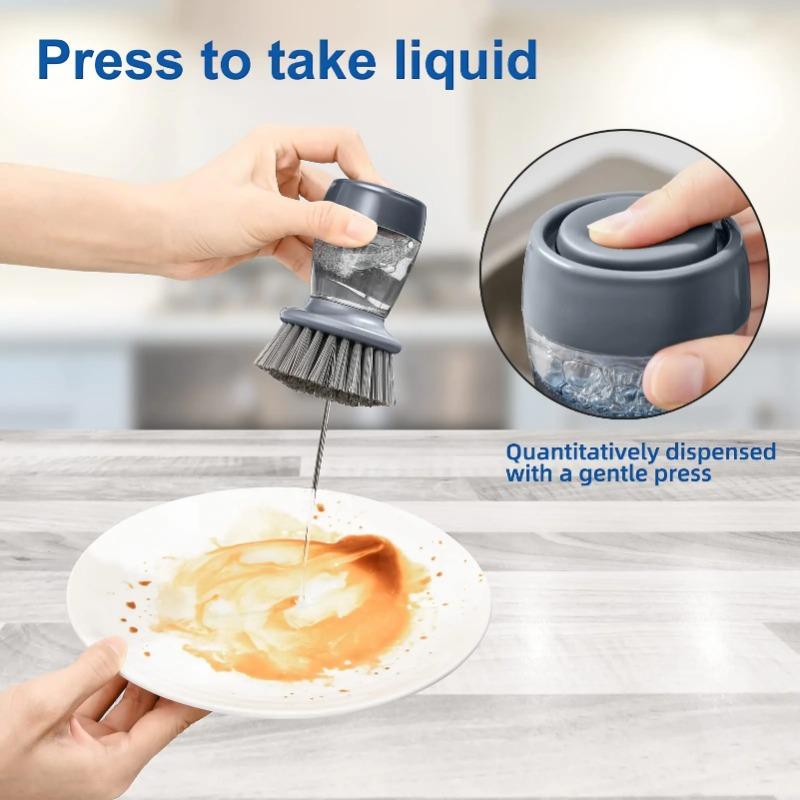 Set of 2 Dish Brush with Soap Dispenser, Kitchen Dish Scrubbers Set with Draining Tray for Washing Dishes/Pots
