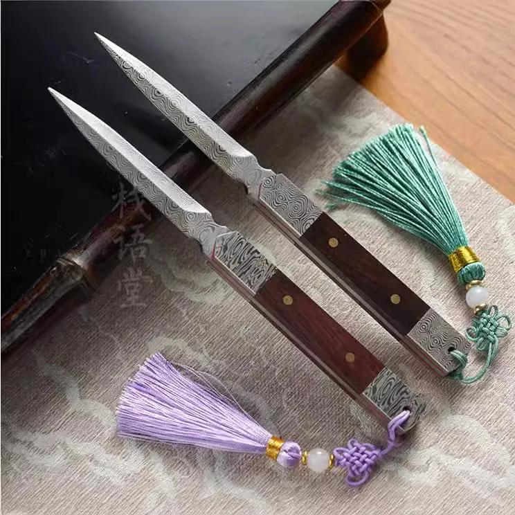 Coltello da tè Zen Ago da tè fatto a mano Sandalo nero Acciaio a motivi damascati Coltello da tè Puer Accessori per set da tè