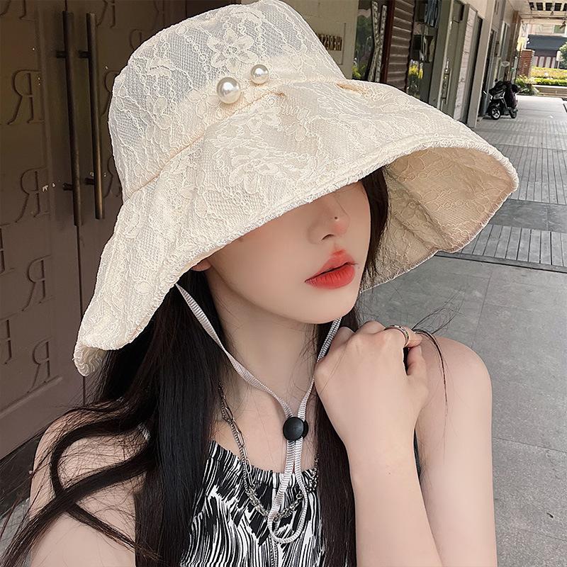 Elegante faltbare Spitzen-Sonnenhüte für Damen Mädchen Weiß Imitation Perle Breiter Rand Baumwolle Sommer Sonnenschutz Panama Damen Strandkappen