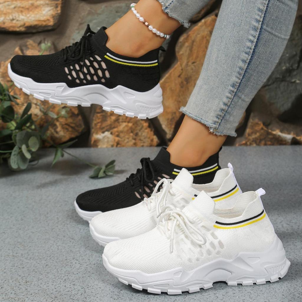 Mesh White Running Sneakers, Breathable Women's Thick-soled Fashionable Lace-up Casual Shoes