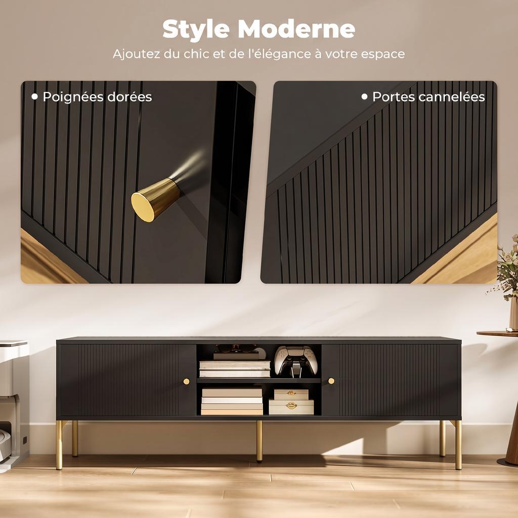 TV stand for TVs up to 65", Fluted Doors, Open Compartments, Steel Legs, 140 x 38 x 45.9 cm, Black