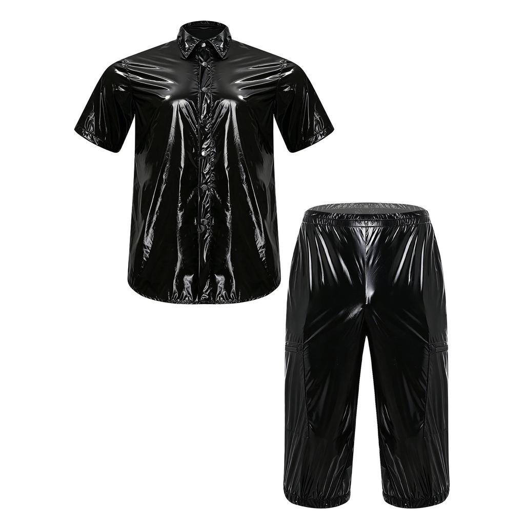 Mens Waterproof Tracksuit Short Sleeve Front Button Shirt Multi Pocket Cargo Shorts Capri Pants