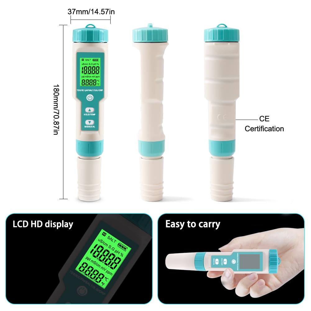 pH Meter for Water 7 in 1 PH/TDS/EC/Salt/S.G/ORP/Temp Meter,pH Tester Digital Backlit Waterproof LCD,TDS Meter EC Meter PPM Meter Suitable for Pools,