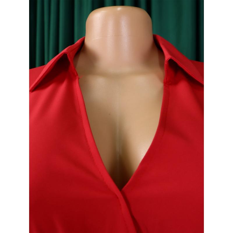 Plus Size Women Solid Color High Waist V Neck 3 4 Sleeve Pleated Midi Dress
