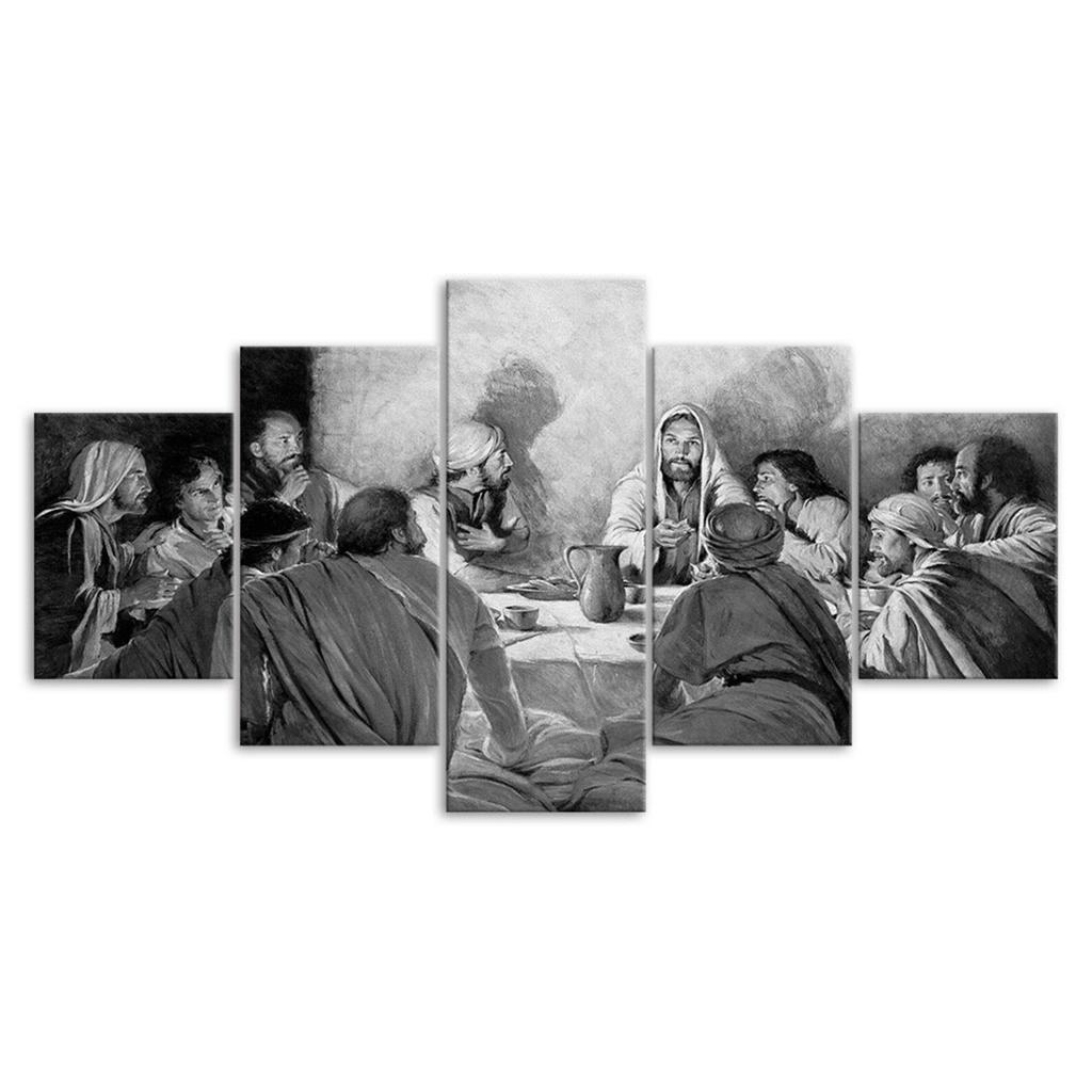 Jesus Christus Das Letzte Abendmahl Schwarz Weiß Szene 5-teilige Leinwand Wandkunst Fünfteiliger Druck Modernes Poster Heimdeko Bild Geschenk Für Ihn Sie