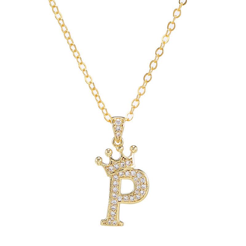 Fashion Cubic Zirconia Crown Letter Pendant Necklace Gold Hip Hop Punk Alphabet Jewelry