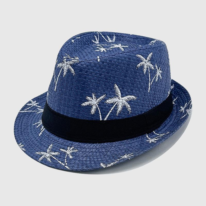 

Папирусная джазовая шляпа с маленькими полями Летняя соломенная плетеная шляпа от солнца с принтом кокосовой пальмы Пляжная шляпа для защиты от солнца M（56-58cm）