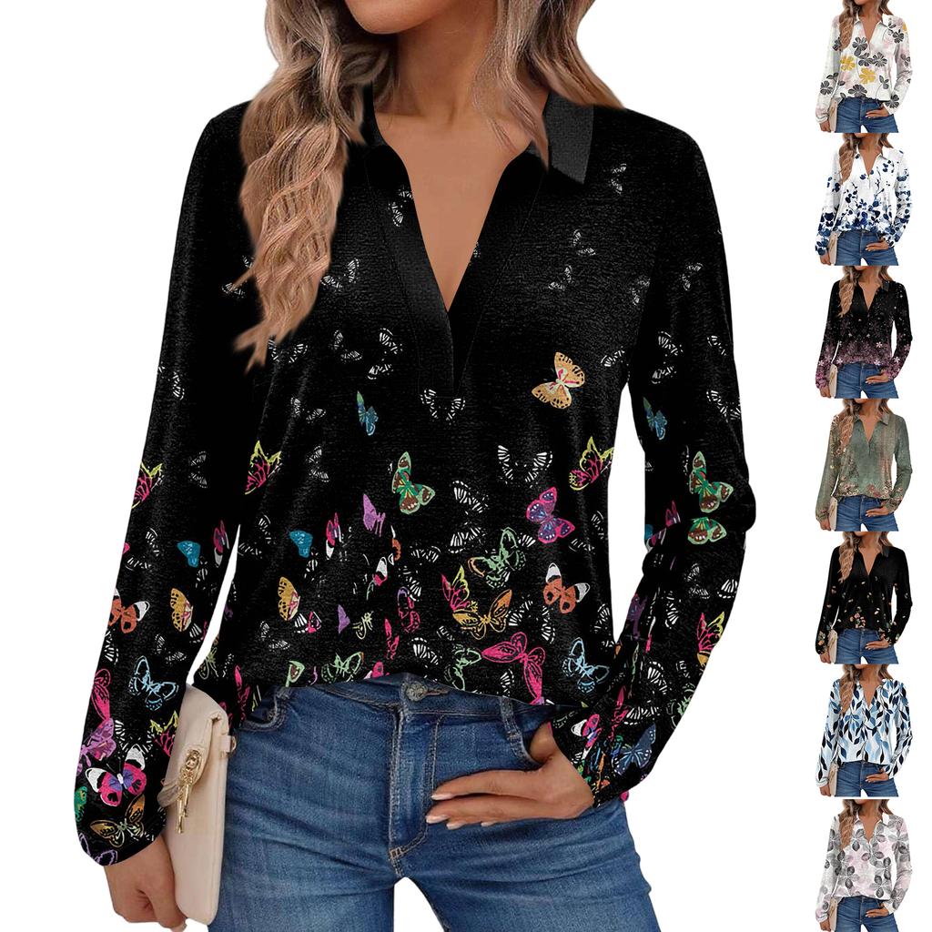 Women's Fashion Long-Sleeved Retro Floral Print Stand Collar  Shirt