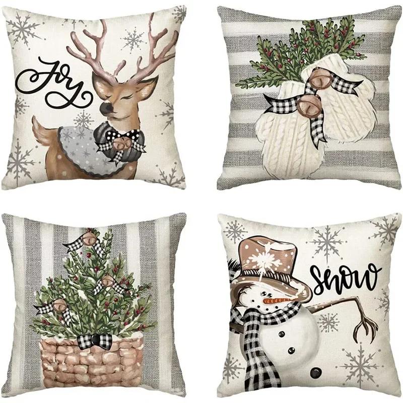 Merry Christmas Decor Cushion Cover 45x45 cm Pillow CaseCartoon Reindeer Santa Claus Printed Throw Pillowcase Linen Pillow Cover