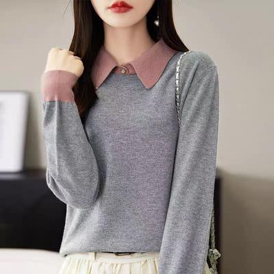 Polo Lapel Pullover Sweater for Women Loose and Lazy Color-blocking Sweater Base Shirt Underwear Top