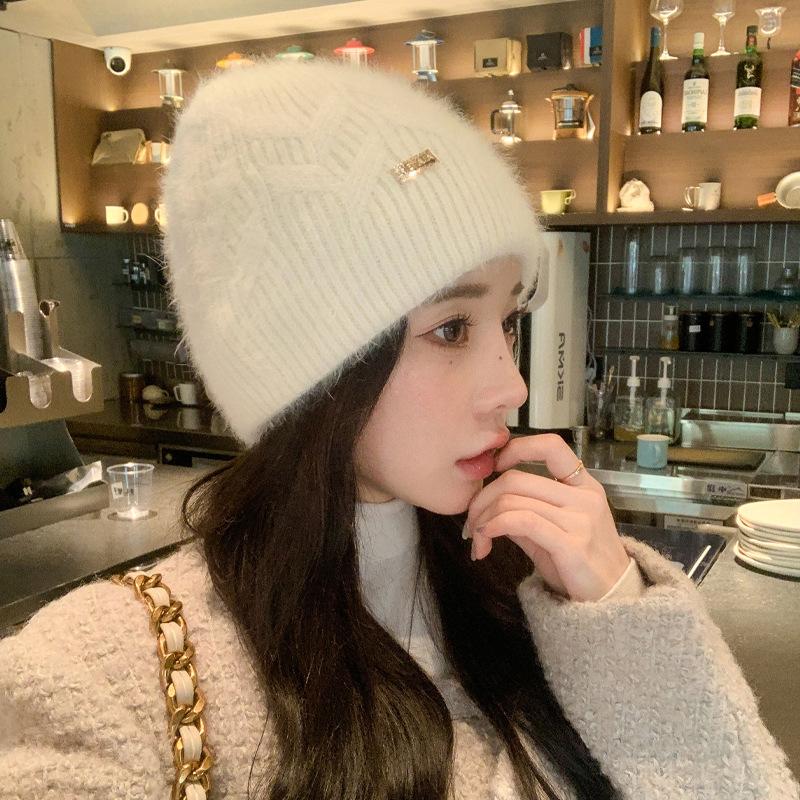 Korean Version of Autumn and Winter New Hat for Women Solid Color Versatile Rabbit Wool Knitted Wool Hat for Winter Warm Pullover Hat Thick