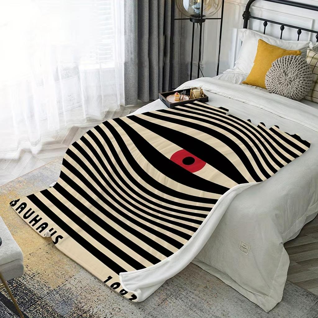 Coperta Flanella Occhio Bauhaus Retro 1923 Fantasia a Strisce Rosso Nero Beige Telo Decorativo per Divano Soggiorno Caldo Morbido Stampa Piatta