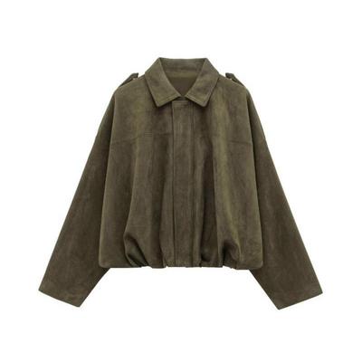 Damen Olivgrüne Oversized Wildleder-Optik Reversjacke mit Puffärmeln