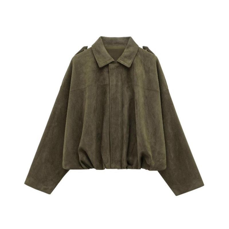Giacca da Donna Verde Oliva Oversize effetto Suede con Revers e Maniche a Palloncino