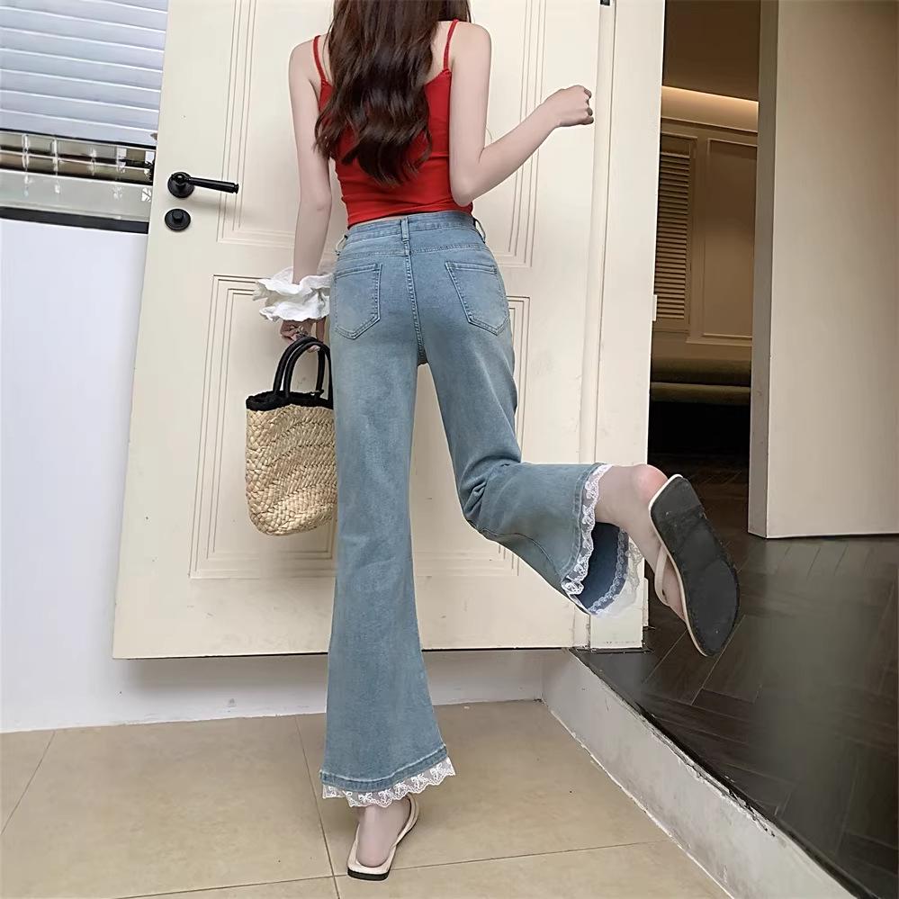 Women's High-Waist Lace Trim Micro-Flare Jeans - Plus Size, Slimming, Nine-Point Length for Summer
