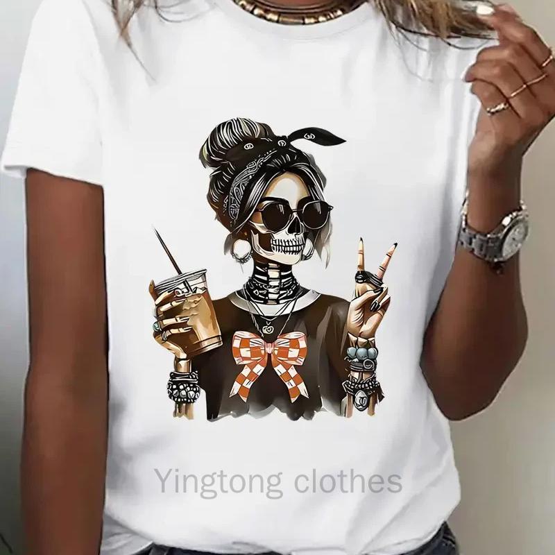 Women's Halloween Skeleton Graphic Print T-Shirt Skull Printed Short Sleeve T Shirt Clothing Top Tee Summer Ladies Girls Shirt