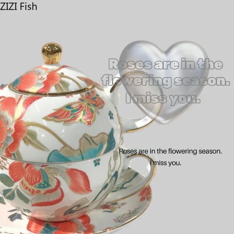 BRKeramik Mutter und Kind Topf Nachmittagstee Kaffeetasse Kaffeekanne Set Leichter Luxus Retro Keramik Blume Teekanne Set Neues Zuhause GeschenkEY