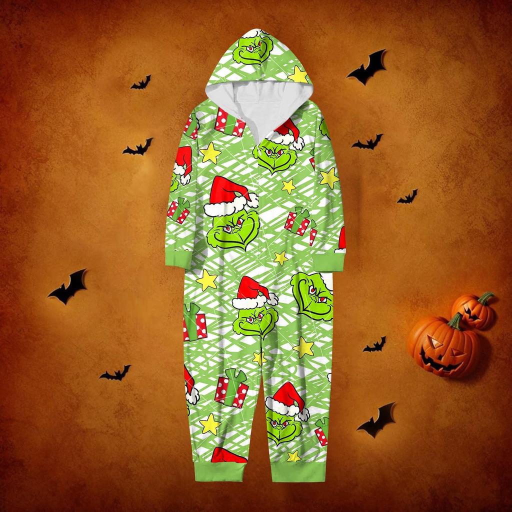 Fashion Printed Family Matching Hooded Long Sleeved Zippered Hooded Jumpsuit Set