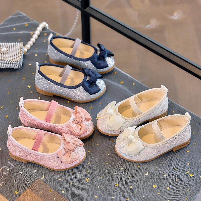 Spring and Autumn Girls' Fashionable Shallow Mouth Sequined Bow Breathable and Comfortable Soft-soled Leather Shoes